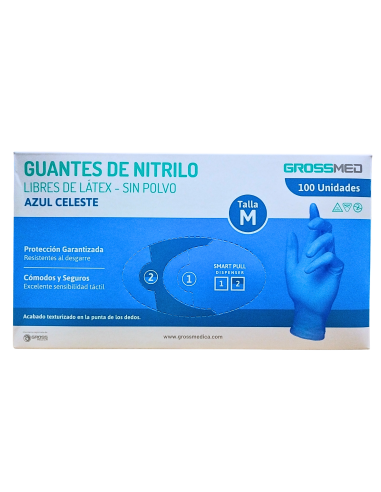 GUANTES DE NITRILO- (SIN POLVO- TALLA M - COLOR AZUL- CAJA X 100 UND *