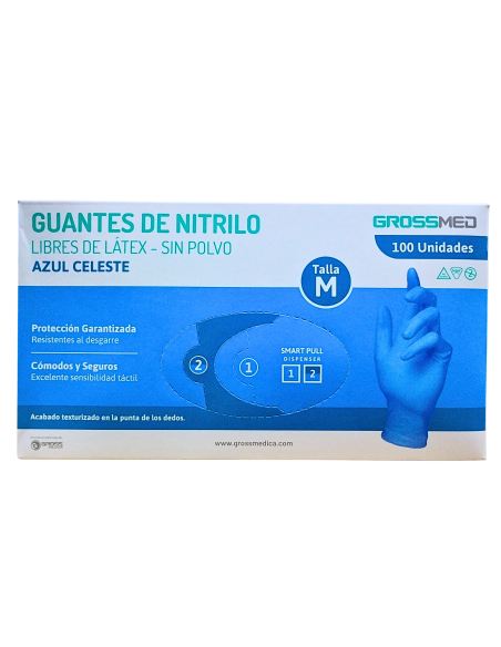 GUANTES DE NITRILO- (SIN POLVO- TALLA M - COLOR AZUL- CAJA X 100 UND *